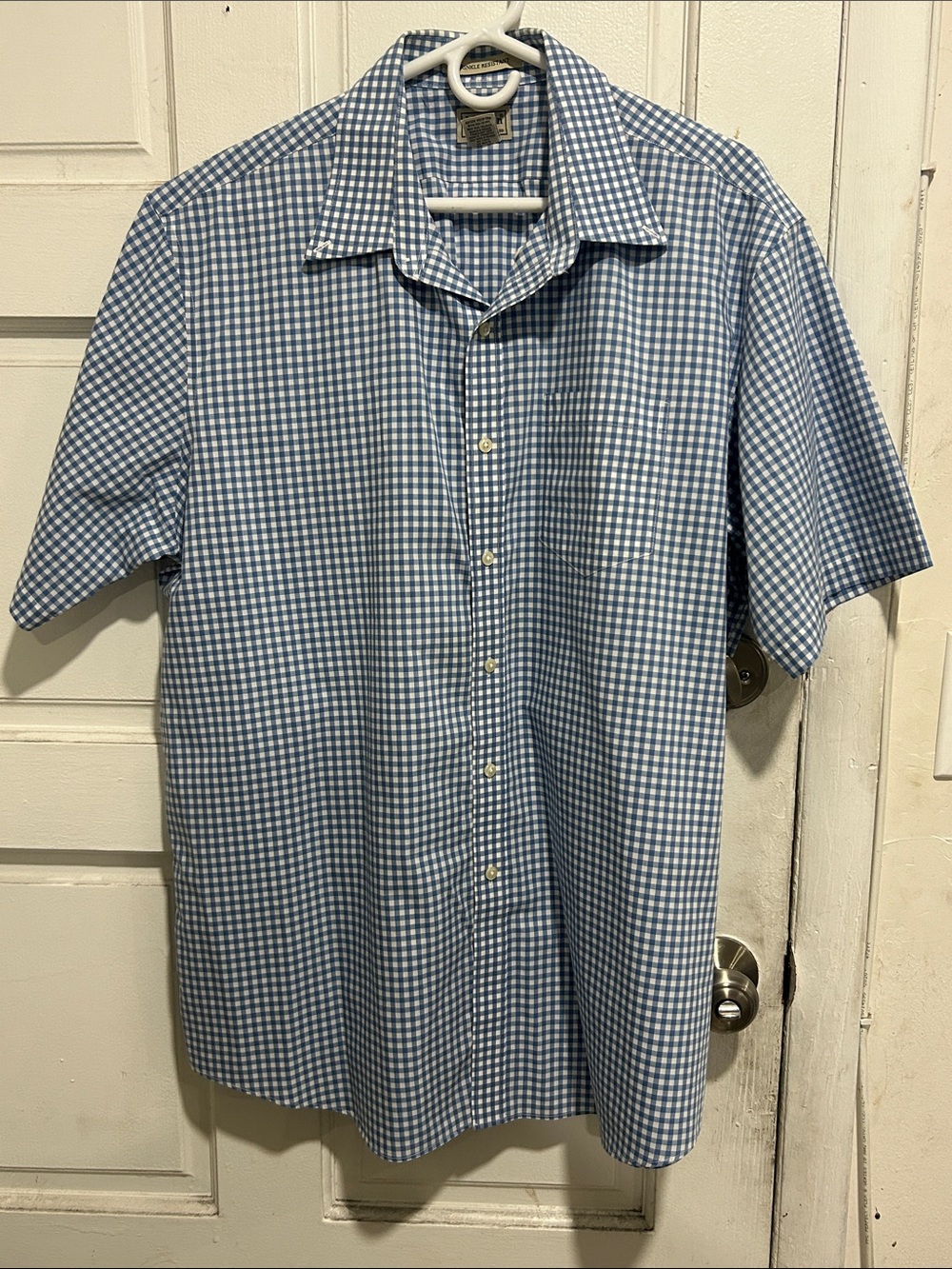 L.L. Bean Blue and White Gingham Short-Sleeve Button-Down Shirt